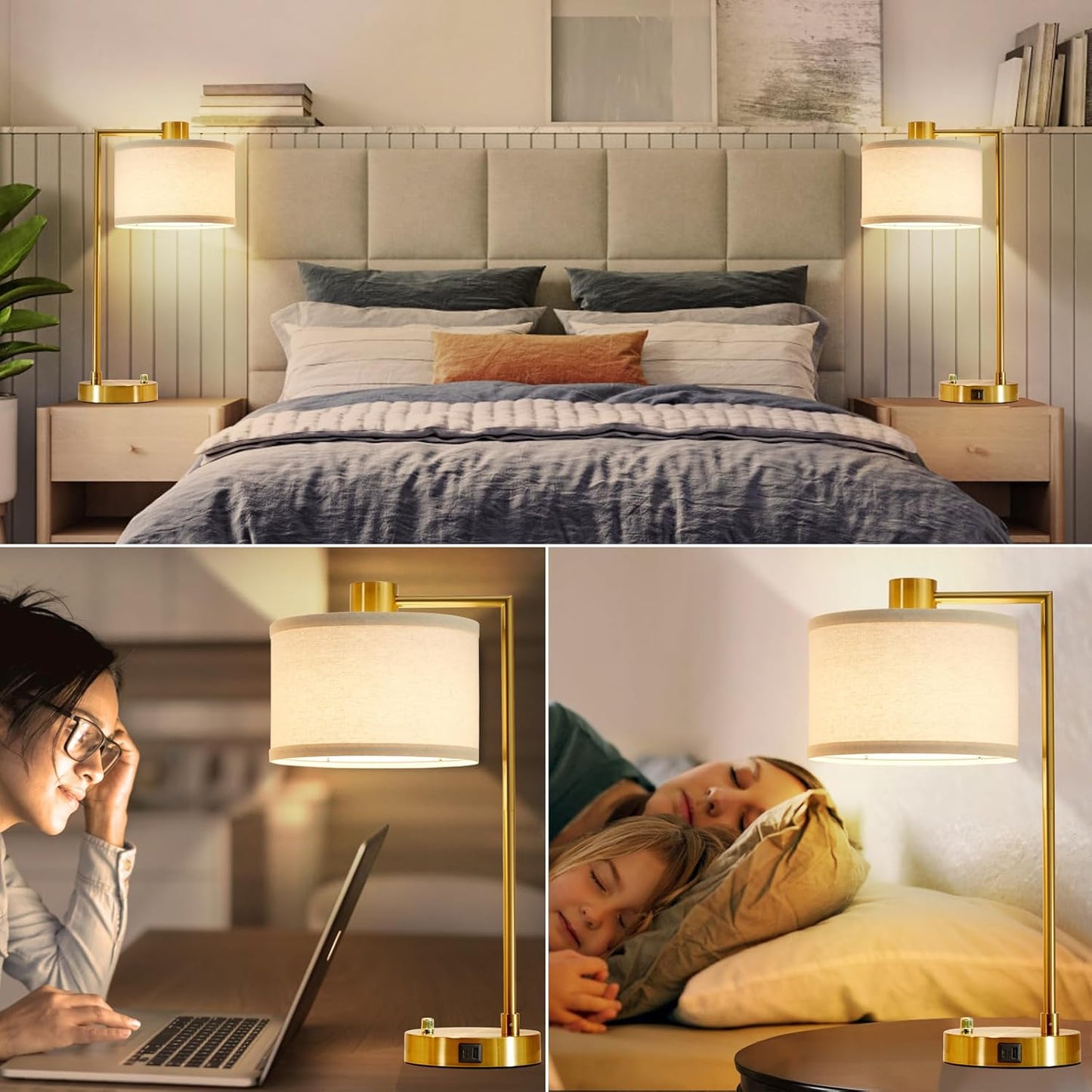 Nightstand Lamp for Living Room Reading Office, 2 LED Bulbs Included (Gold)