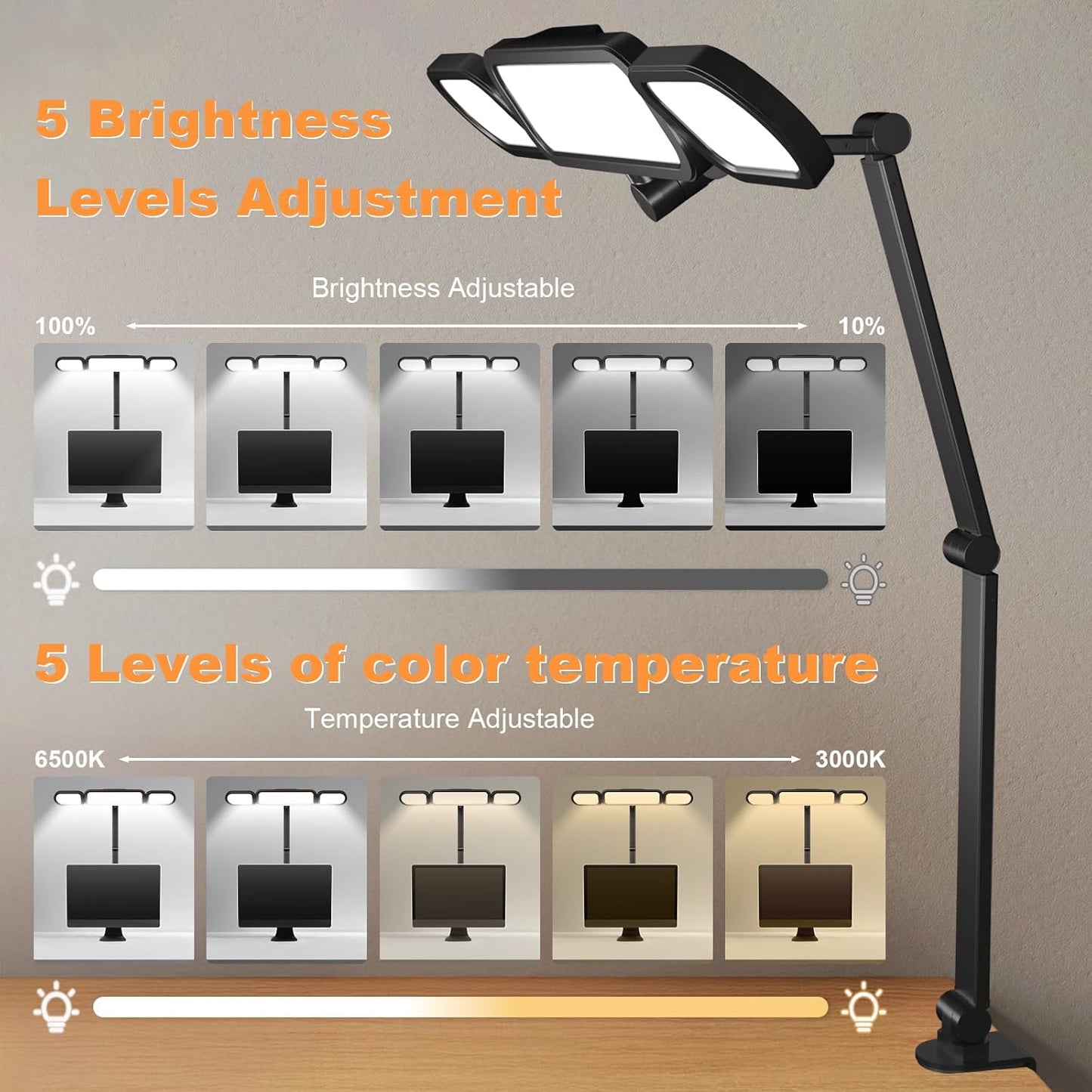 Dimmable Tempering Eye Care Desk Light Bright Modern Led Table Lamp for Nail Tech Archite (3 Section Swing Arm)