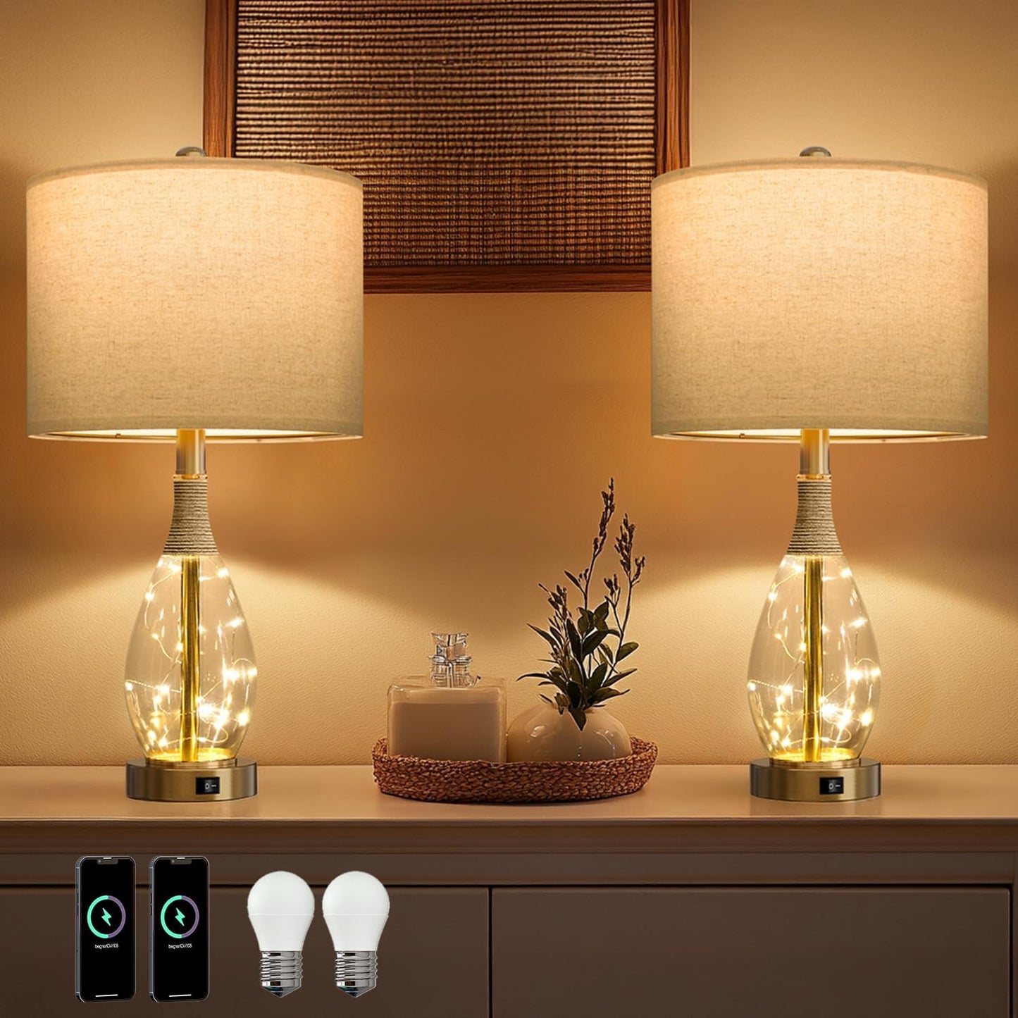 23" Table Lamps for Living Room Set of 2 Bedside Lamps for Night Stands Bedroom Lamps Farmhouse