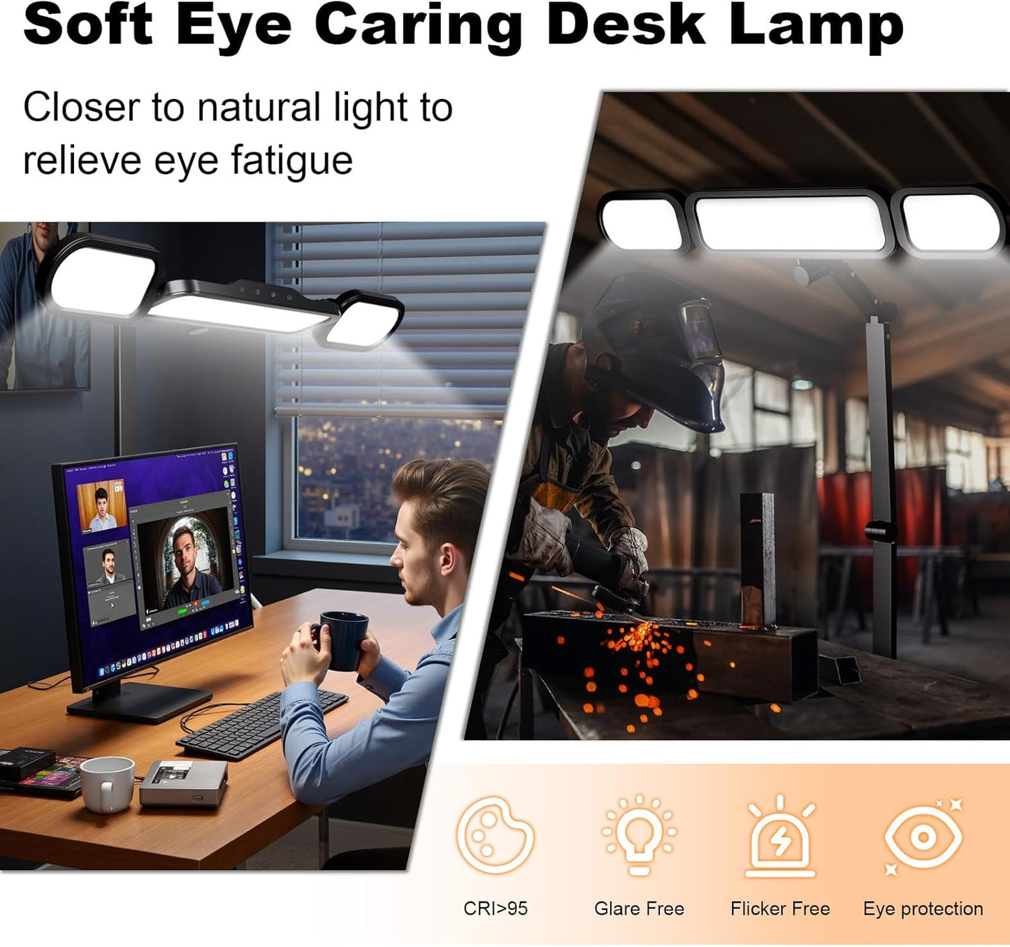 Dimmable Tempering Eye Care Desk Light Bright Modern Led Table Lamp for Nail Tech Archite (3 Section Swing Arm)