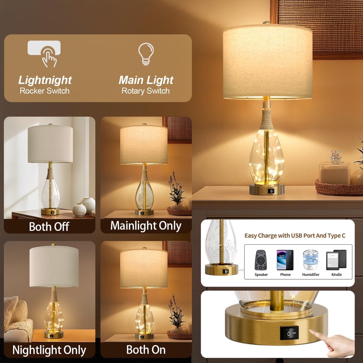 23" Table Lamps for Living Room Set of 2 Bedside Lamps for Night Stands Bedroom Lamps Farmhouse