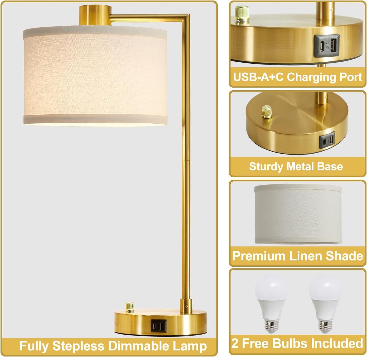 Nightstand Lamp for Living Room Reading Office, 2 LED Bulbs Included (Gold)