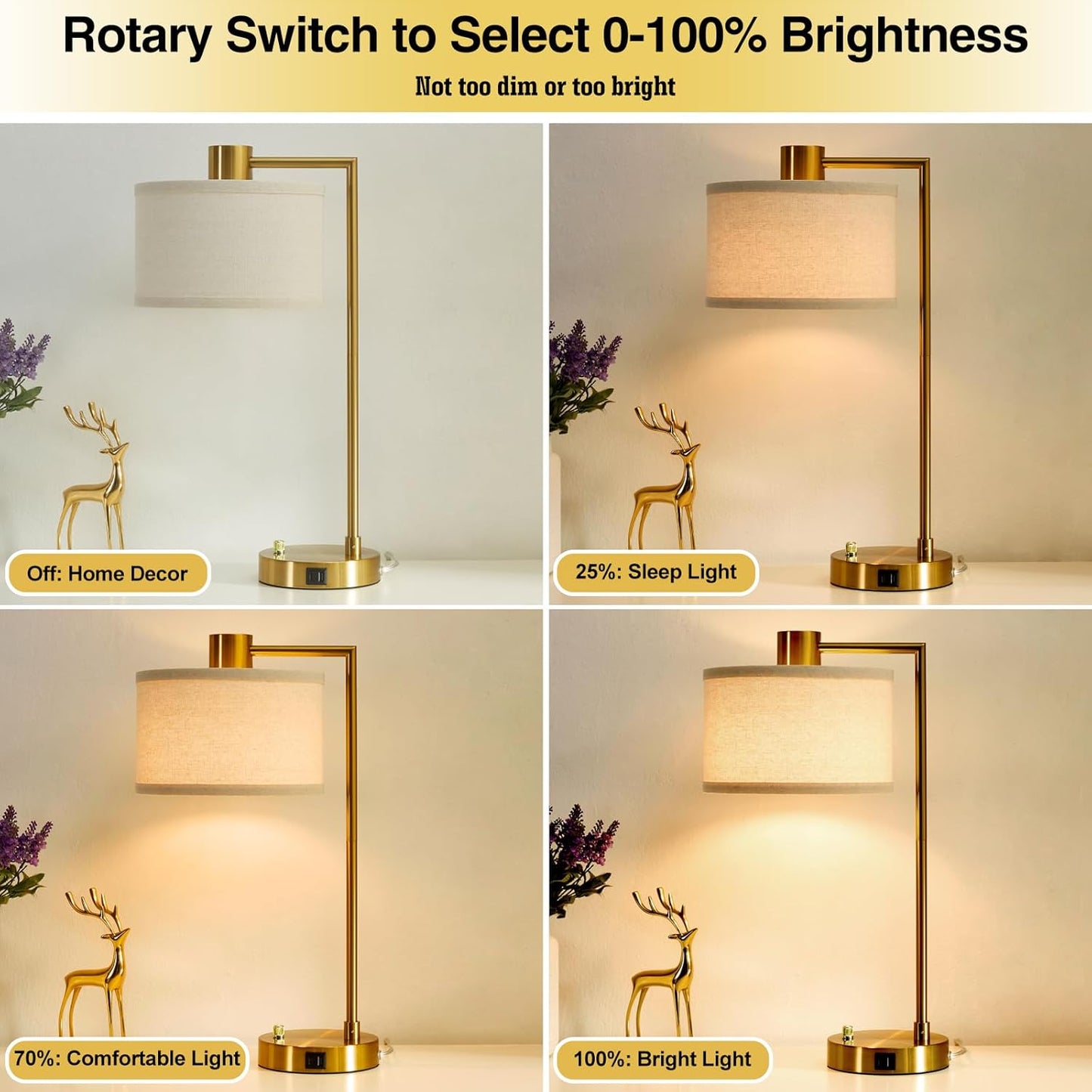 Nightstand Lamp for Living Room Reading Office, 2 LED Bulbs Included (Gold)