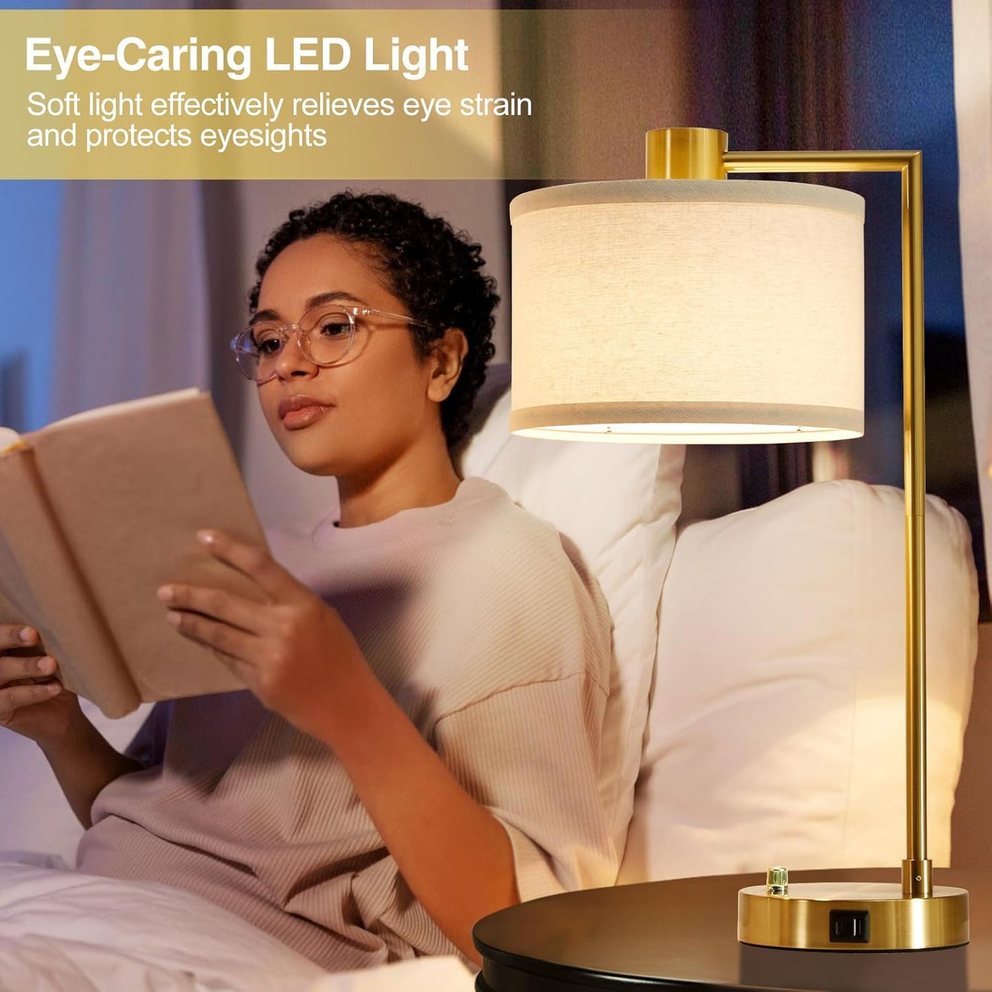 Nightstand Lamp for Living Room Reading Office, 2 LED Bulbs Included (Gold)