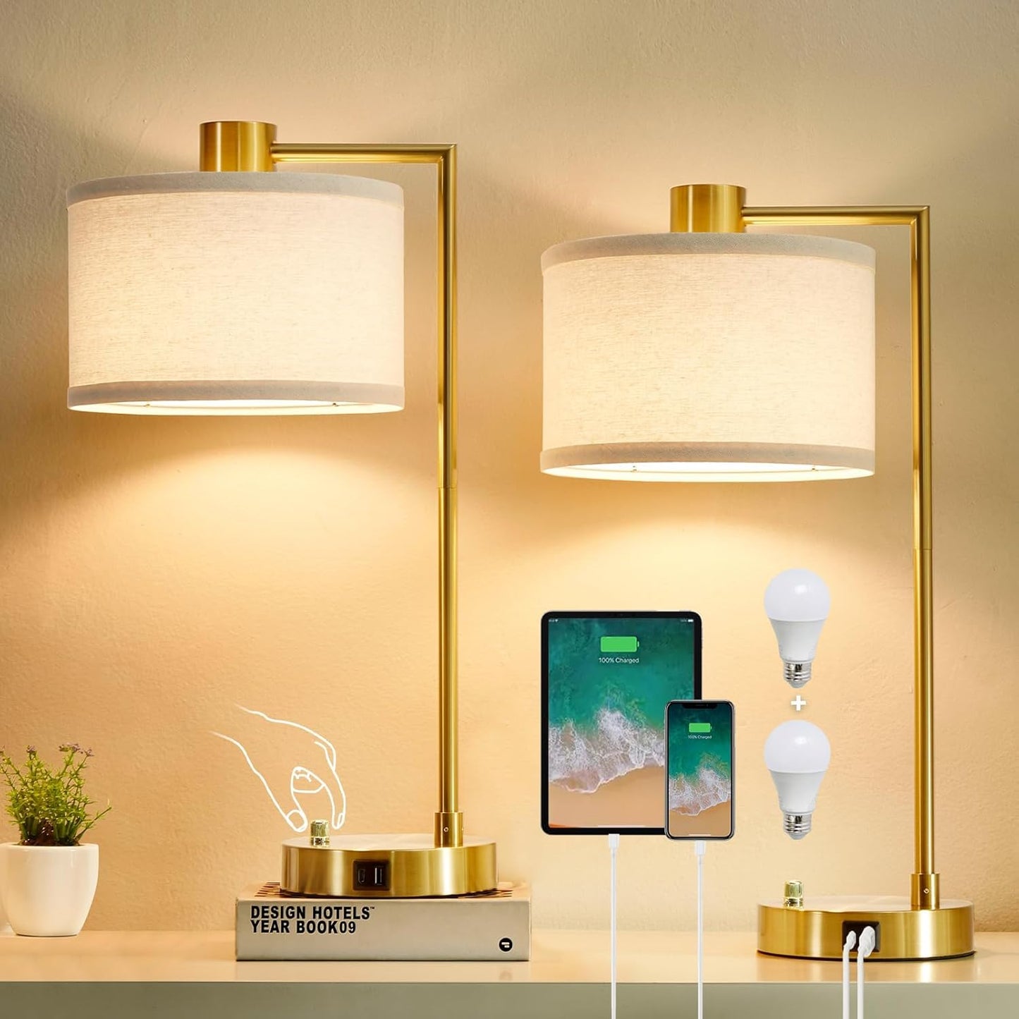 Nightstand Lamp for Living Room Reading Office, 2 LED Bulbs Included (Gold)