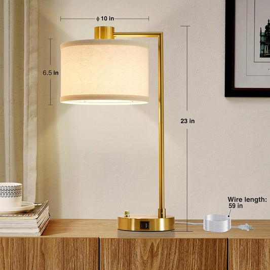 Nightstand Lamp for Living Room Reading Office, 2 LED Bulbs Included (Gold)
