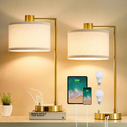Nightstand Lamp for Living Room Reading Office, 2 LED Bulbs Included (Gold)